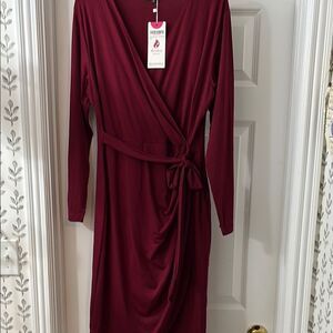Burgundy Long Sleeve V-Neck Wrap Dress